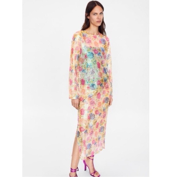 Zara Floral Print Sequin Midi Long Sleeve Dress - Picture 4 of 9